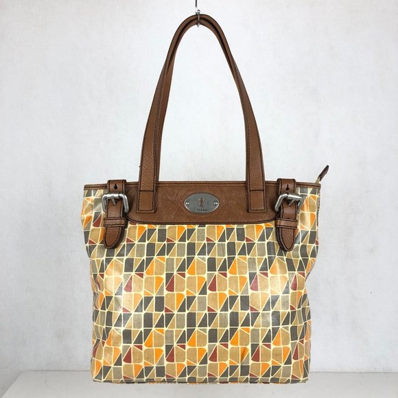 Fossil Key-Per Calypso Brown Grey Orange Cowhide Leather Trim Shoulder Bag Purse - Picture 1 of 12